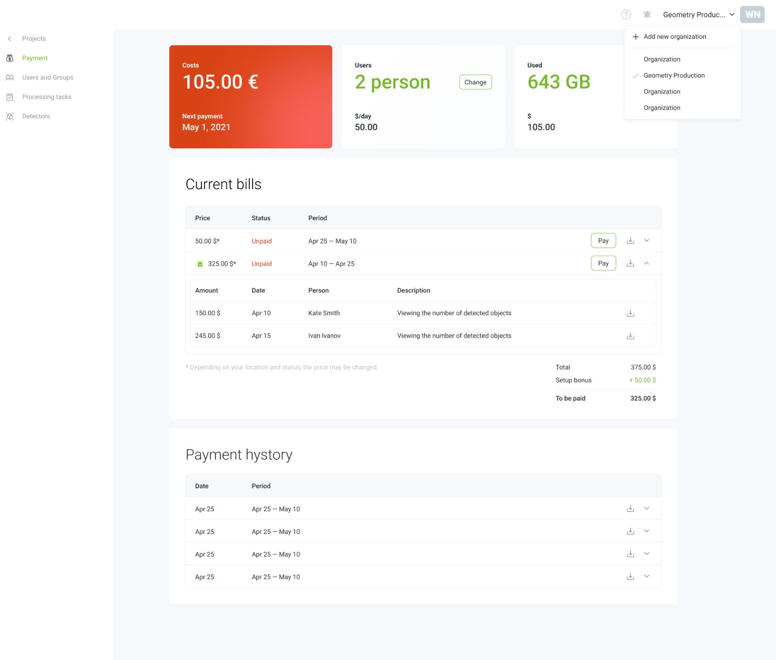 Payment settings, bills and history