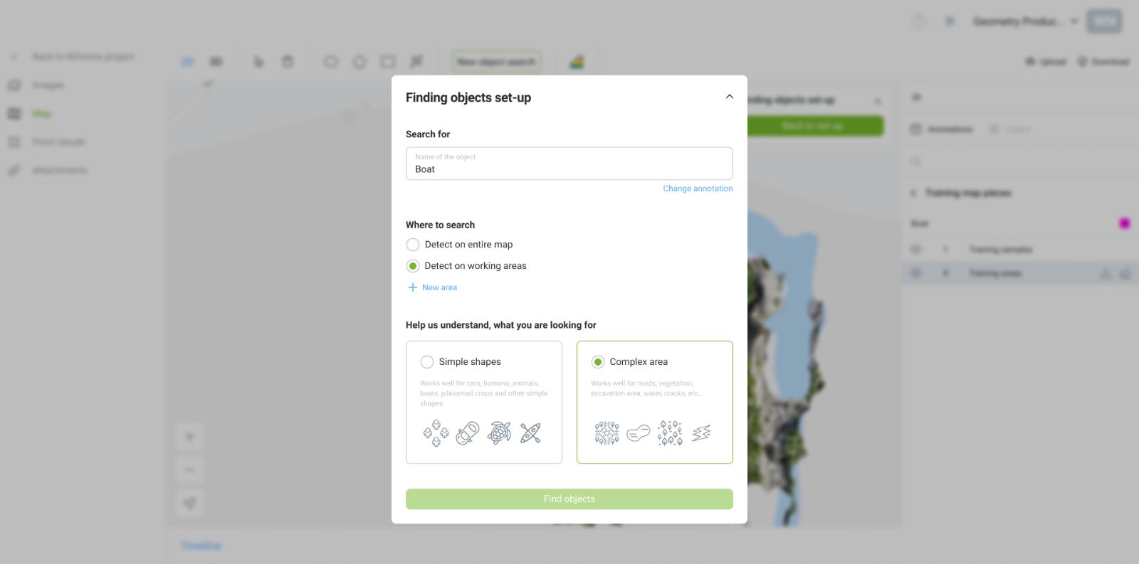 Finding objects set-up dialog